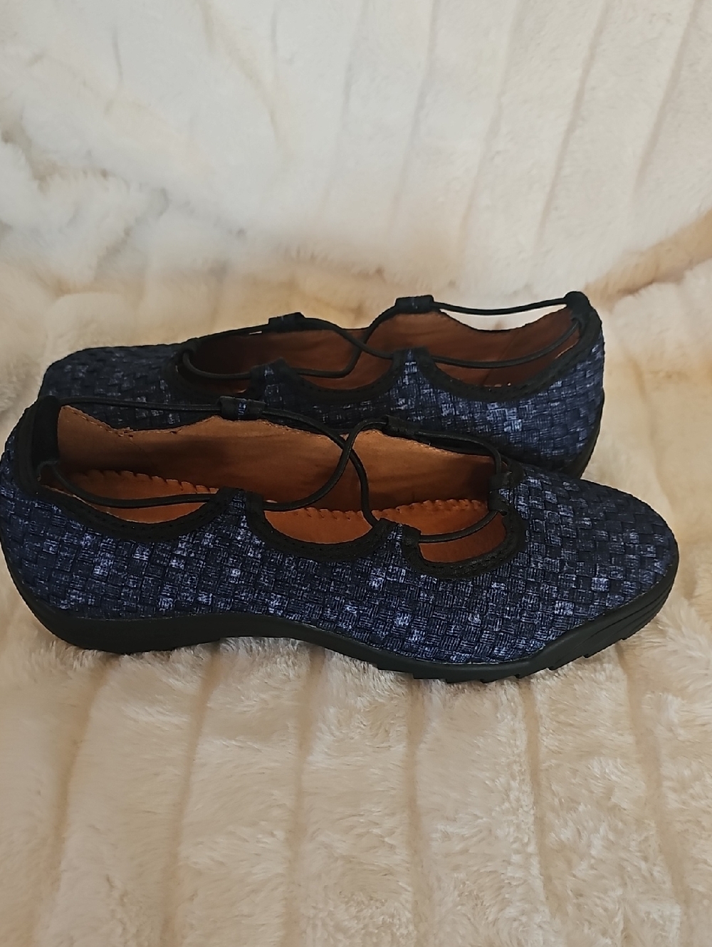 bernie mev. Navy Knit Mary Jane Flats with Elastic Cross Straps